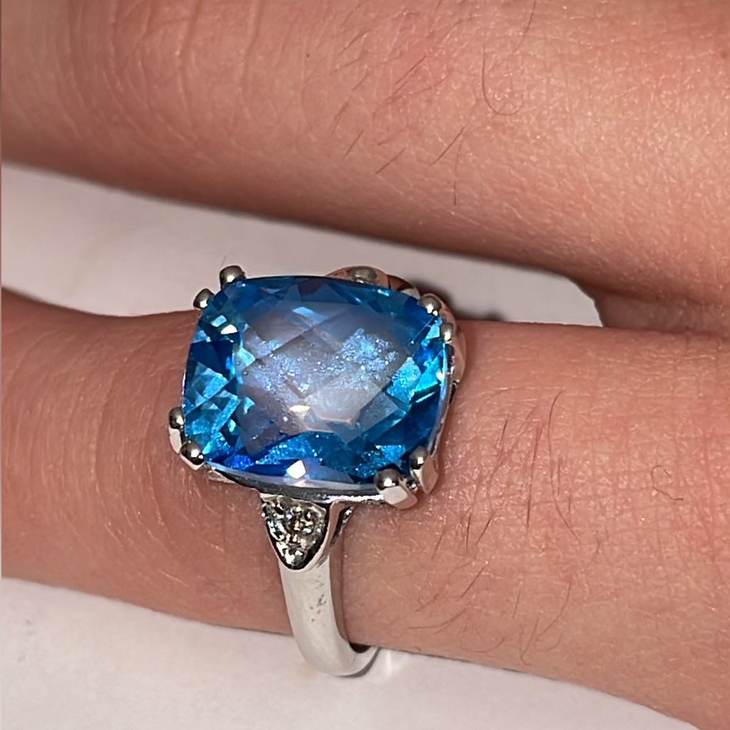 Solid 10k White Gold Blue Topaz Diamond Ring Fancy Checkerboard Cut (Not 14k)